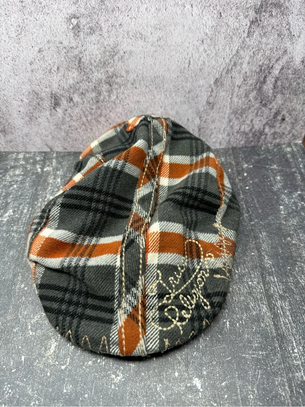 True Religion Brand Jeans Plaid Newsboy Ivy Flat Cap Hat Gray Orange Vintage